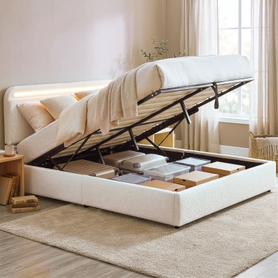 HOMCOM Queen Size Bed Frame with Charging Station, LED Lights, Adjustable Headboard, Upholstered Platform Bed Frame White