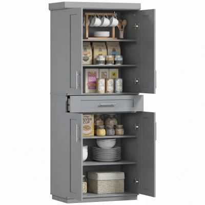 HOMCOM 72" Storage Cabinet, Freestanding Kitchen Pantry Cabinet with 4 Doors, Drawer and 3 Adjustable Shelves, Grey