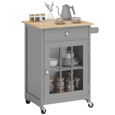 HOMCOM Rolling Kitchen Cart with Drawer and Glass Door Cabinet, Kitchen Island on Wheels with Towel Rack, Dark Grey
