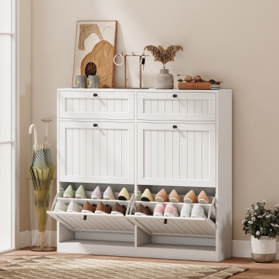 HOMCOM Shoe Cabinet with 2 Large Flip Drawers, Farmhouse Narrow Shoe Storage Cabinet with 2 Top Compartments, White