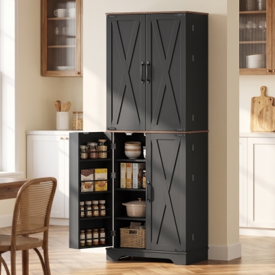 HOMCOM 166 cm Kitchen Pantry Cabinet Adjustable Shelves Tall Storage Cabinet Door Shelves 8 Shelves Brown Black