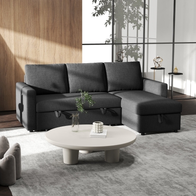 HOMCOM 83" Sofa Bed, Pull Out Sleeper L Shaped Sectional Couch with Reversible Storage Chaise, Wide and Deep Seat, Black