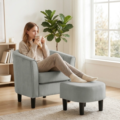 HOMCOM Accent Chair Modern Upholstered Living Room Chair with Ottoman and Pocket Spring Cushion Grey