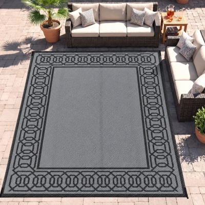 Outsunny Portable Outdoor Rug with Carrying Bag, 9' x 12' Reversible Mat, Waterproof Plastic Straw RV Rug for Backyard, Deck, Picnic, Beach, Camping, Black and Grey