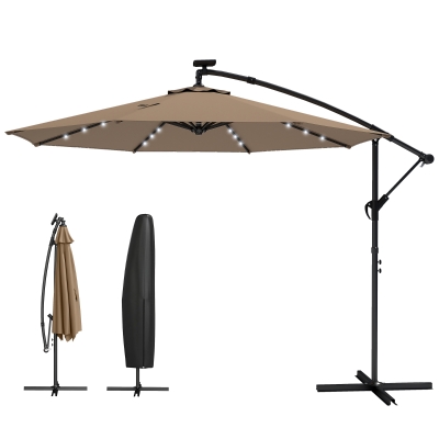 Outsunny 9.7 ft Cantilever Patio Umbrella with Solar Light, Garden Hanging Parasol with Cover, Tilt, Crank, Khaki