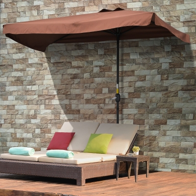 Outsunny 7.5ft Half Umbrella Semi Patio Parasol with Crank Handle, Top Vent for Garden, Balcony- NO BASE INCLUDED, Coffee