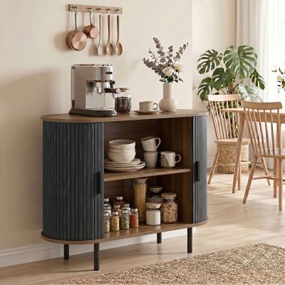 HOMCOM Sideboard Buffet Cabinet with Curved Tambour Doors and Storage, Brown Wood Grain