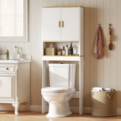 HOMCOM Over the Toilet Storage Shelf Adjustable Shelf Over the Toilet Storage Cabinet for Bathroom White and Oak