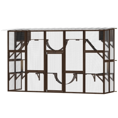 PawHut Catio Cat Window Enclosure with Shelves & Bridges, Brown