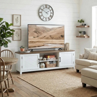HOMCOM TV Stand for TVs up to 65 Inch, Entertainment Center with 2 Open Shelves, 2 Cabinets, Thick Top, White and Brown