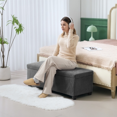 HOMCOM 44 Inches Ottoman with Storage, Lid, Legs, Corduroy End of Bed Bench for Living Room, Bedroom, Entryway, Grey
