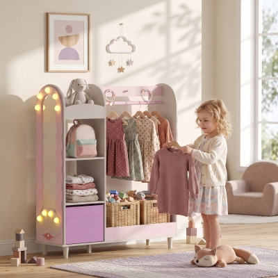 Qaba Kids Clothing Rack, Kids Wardrobe with Glowing Lights Mirror, Non-Woven Drawer and Shelves for Bedroom, Ages 3-8, Pink