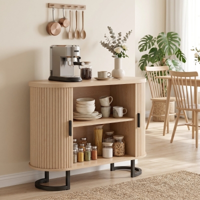 HOMCOM Sideboard Buffet Cabinet with Curved Tambour Doors, Thick Tabletop and Arc Metal Legs Natural Wood