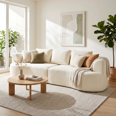 HOMCOM 3 Seater Sofa, 102" Chenille Boneless Couch with Wide Seat, Spring Cushions, High-Density Foam, 3 Pillows, Cream White