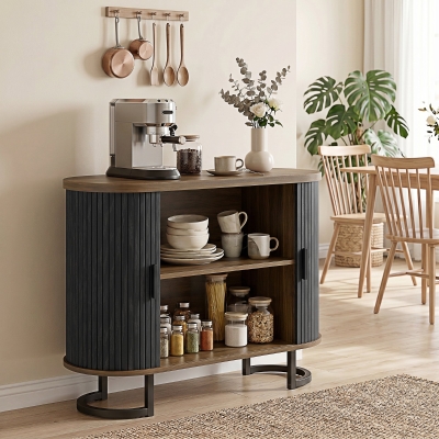 HOMCOM Sideboard Buffet Cabinet with Curved Tambour Doors, Thick Tabletop and Arc Metal Legs Brown and Black