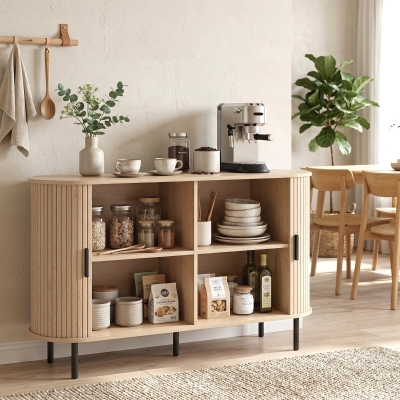HOMCOM Fluted Sideboard Buffet Cabinet, 55" Mid Century Coffee Bar Cabinet with Sliding Doors and Adjustable Shelves, Natural