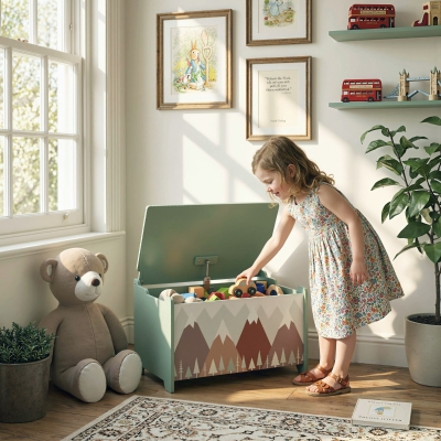 Qaba Toy Box, Kids Storage Chest with Lid, Safety Hinges and Groove Handles, Toy Storage Organizer with Mountain Pattern for Boys, Girls, Green
