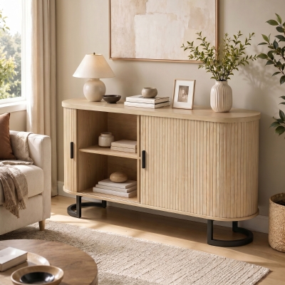 HOMCOM Fluted Sideboard Buffet Cabinet, 55" Modern Coffee Bar Cabinet with Sliding Doors and Adjustable Shelves, Natural