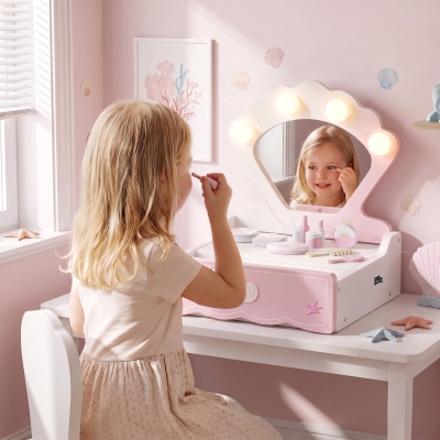 Qaba Kids Vanity Set, Makeup Table Toy with Lights, Mirror, Drawer, Accessories and Carry Handle for Girls 3-6 Years, Pink