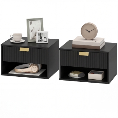 HOMCOM Set of 2 Wall Mounted Bedside Tables, Floating Nightstands with Fluted Drawer and Open Shelf for Bedroom, Black