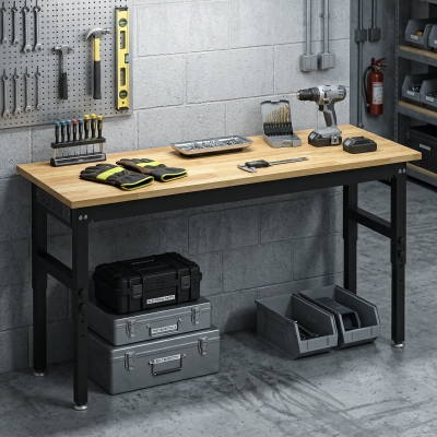HOMCOM 60" Adjustable Workbench, Heavy Duty Work Table with Rubber Wood Top, Power Outlets, Pegboard, 2000 LBS Capacity