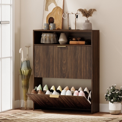 HOMCOM Shoe Cabinet with 2 Flip Drawers Narrow Shoe Storage Cabinet with Top Shelf for Entryway Hallway Coffee