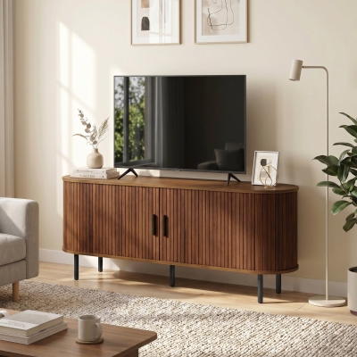 HOMCOM TV Stand for TVs up to 60", Modern Entertainment Center with Curved Sliding Doors, Walnut Brown