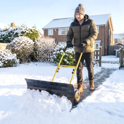 Outsunny Metal Snow Shovel with Wheels, 29"x16.5", Adjustable Handle, Yellow