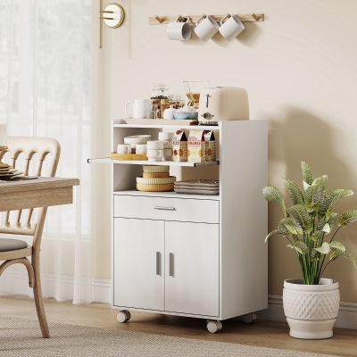 HOMCOM Microwave Cart with Wheels, Microwave Stand with Worktop, Open Shelves and Drawer, Storage Cabinet, White