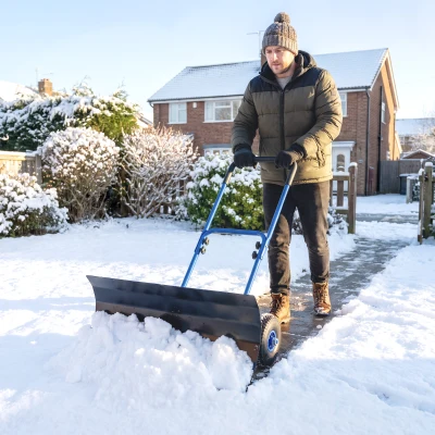 Outsunny Metal Snow Shovel with Wheels, 29"x16.5" Adjustable, Blue