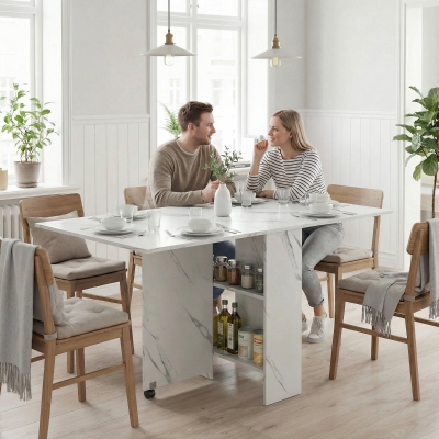 HOMCOM Extendable Dining Table, Collapsible Folding Table with 2-tier Shelves and Rolling Casters, Marble White