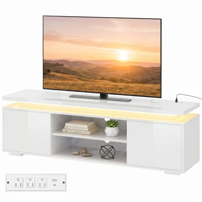 HOMCOM TV Stand for TVs up to 60 Inch, Modern Entertainment Center with LED Lights and Power Outlets, High Gloss White