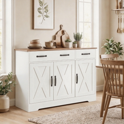 HOMCOM Sideboard Buffet Cabinet, 43" Farmhouse Kitchen Cabinet with 3 Barn Doors, 2 Drawers, 2 Adjustable Shelves, White