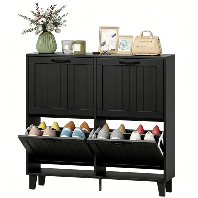 HOMCOM Shoe Cabinet with 4 Flip Drawers, Freestanding Narrow Shoe Storage Cabinet with Adjustable Shelves, Open Back, Black