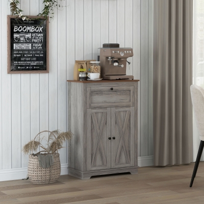 HOMCOM Storage Cabinet Farmhouse Sideboard Storage Cabinet with Doors and Drawer for Kitchen, Living Room, Grey Wash