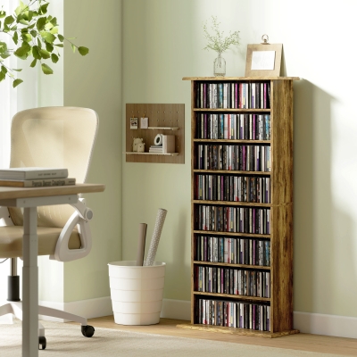 HOMCOM 8-Tier DVD Shelf with 6 Adjustable Shelves, Slim CD Shelf, Holds 360 CDs, 185 DVDs or 185 Blu-rays, Rustic Brown