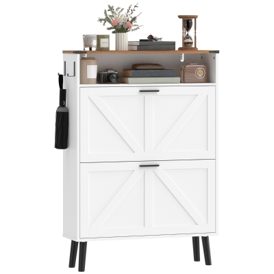 HOMCOM Shoe Storage Cabinet with 2 Flip Drawers, Farmhouse Narrow Shoe Cabinet, Holds Up to 16 Pairs, White