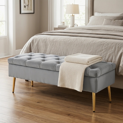 HOMCOM Upholstered Bedroom Bench with Gold Tone Metal Legs, Velvet Tufted and Thick Padding, Grey