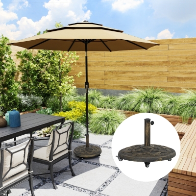 Outsunny Round Patio Umbrella Base with Wheels, 44 lbs Resin Umbrella Stand Base, 1.3"/1.5"/1.9" Umbrella Poles Bronze
