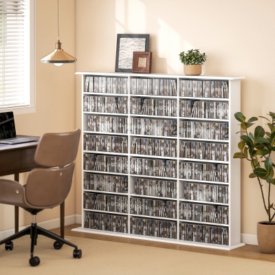 HOMCOM Media Storage Cabinet, 8-Tier DVD Shelf with 18 Adjustable Shelves, Holds 1032 CDs, 594 DVDs or Blu-rays, White