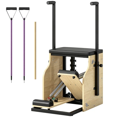 Soozier Pilates Chair, Wunda Chair with Resistance Bands, Wheels, Adjustable Handles & Springs, Wooden Pilates Reformer Machine