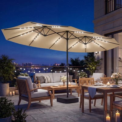 Outsunny Double-sided Patio Umbrella with Base Included & 48 LED Lights 15ft Khaki