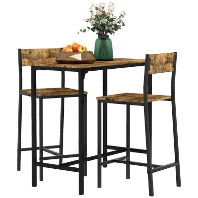 HOMCOM Industrial Bar Table Set Counter Height 3 Piece and 2 High Back Stools Set Dining Table Set Rustic Brown