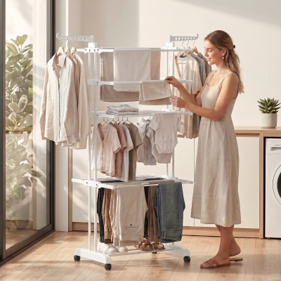 HOMCOM 5-Tier Clothes Drying Rack, Foldable Laundry Drying Rack with Wheels, Side Wings, White