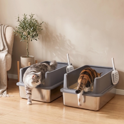 PawHut 2 Pack XL Stainless Steel Litter Box with Scoops, High Sided, for Big and Multiple Cats, Anti-Urine Leakage