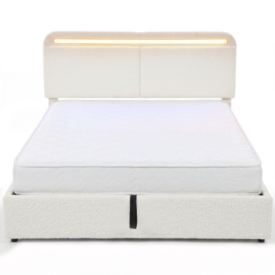 HOMCOM Queen Size Bed Frame with Charging Station, LED Lights, Adjustable Headboard, Upholstered Platform Bed Frame White