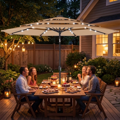 Outsunny 9.3 ft Patio Umbrella with Solar LED Lights, Cover, 3 Tier Outdoor Market Table Parasol with Tilt, Crank, Khaki