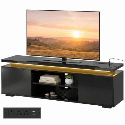 HOMCOM TV Stand for TVs up to 60 Inch, Modern Entertainment Center with LED Lights and Power Outlets, High Gloss Black