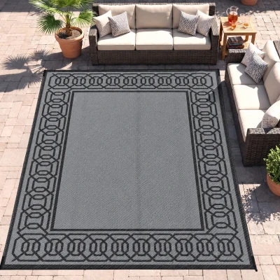 Outsunny 9' x 12' Reversible Outdoor Rug, Waterproof, Black & Gray