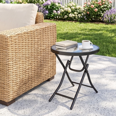 Outsunny Φ18" Round Patio Table, Folding Coffee Table with Tempered Glass Tabletop for Patio, Balcony, Backyard